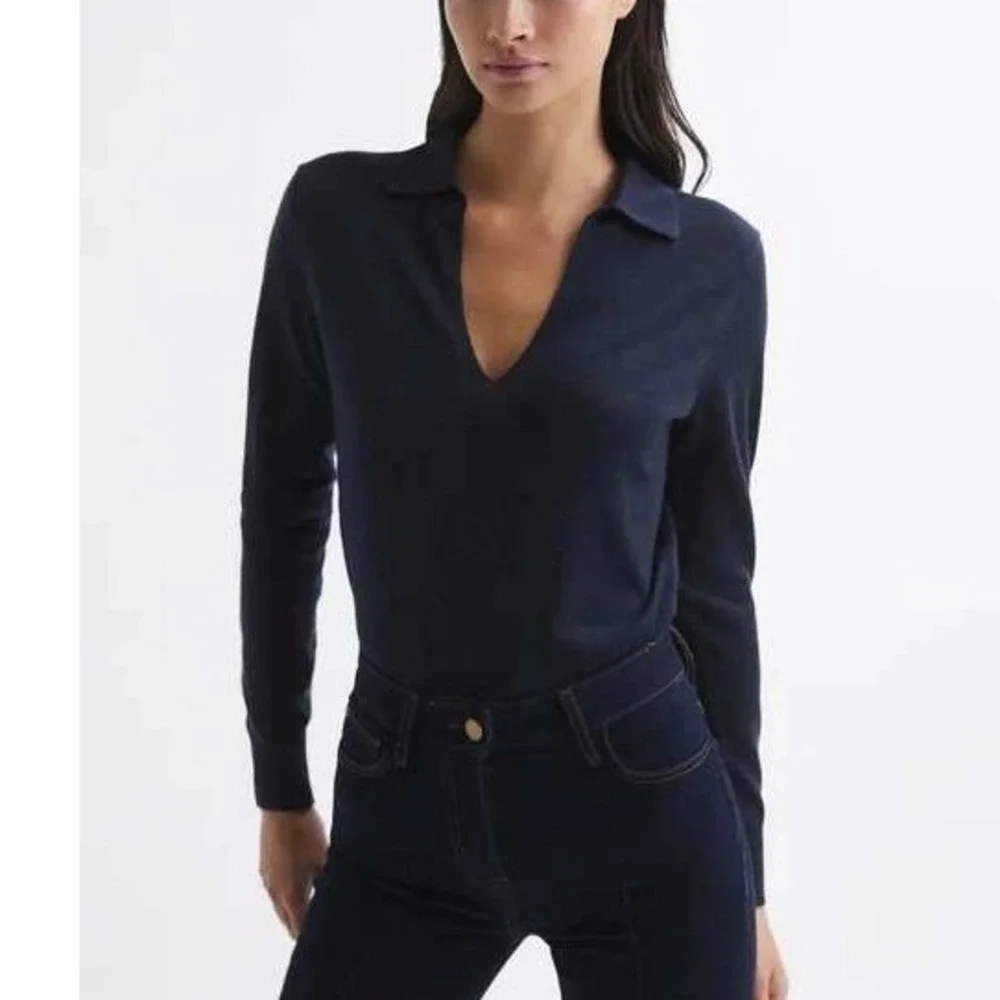 Reiss Candise Navy Blue 100% Extra Fine Merino Wool Polo Sweater Womens Large